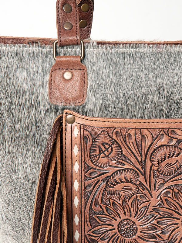ADBG662 American Darling Hand Tooled Floral & Hair-On Cowhide Western Leather Tote Bag with Fringes