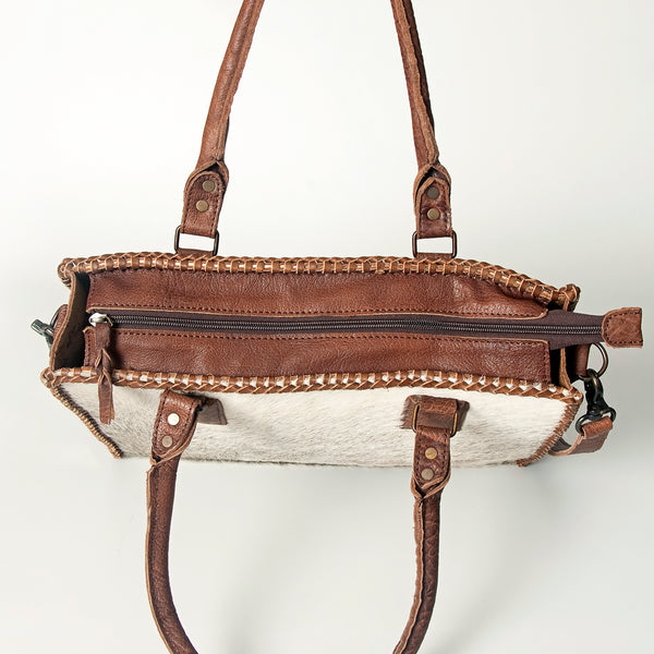 ADBGS118 Western Cowhide Tote -Hair-On Leather Bag with Braided Whipstitch & Strap