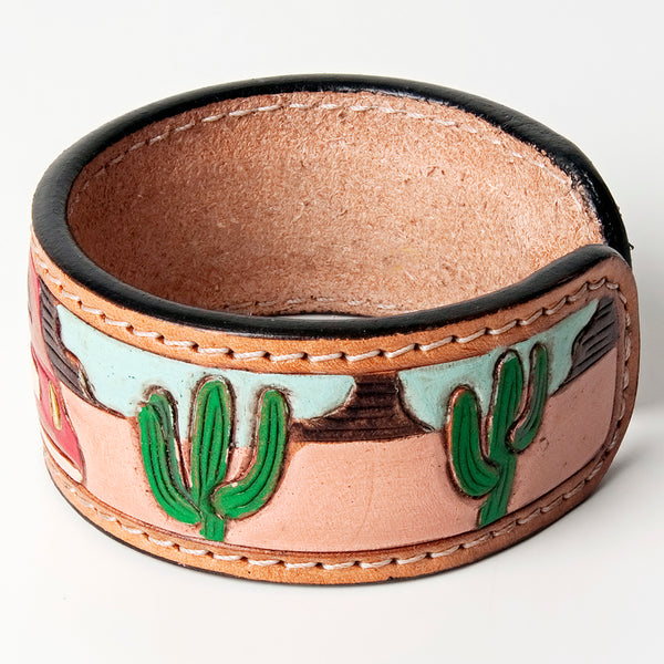 LC-ADBRF155 Hand Tooled Leather Cuff Bracelet - Desert Road Trip with Red Car & Cactus Scene