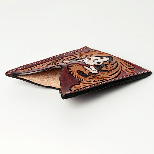 ADCCF106 Hand-Tooled Leather Card Holder - Western Bull Skull & Floral Design