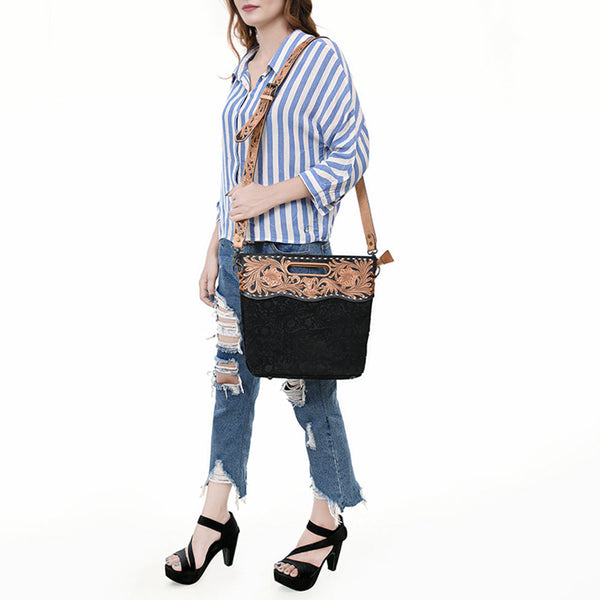 LC-ADBGS145 Tooled Leather & Embossed Black Western Clutch - Convertible Bag with Strap and Handle