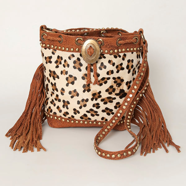 ADBGI102 Studded Leather Fringe Crossbody Bucket Bag - Western Cowhide Style
