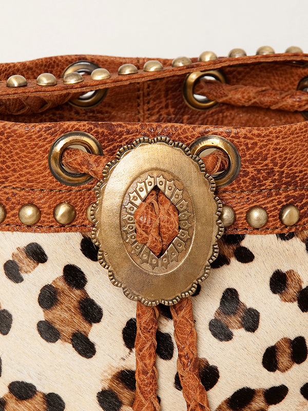 ADBGI102 Studded Leather Fringe Crossbody Bucket Bag - Western Cowhide Style