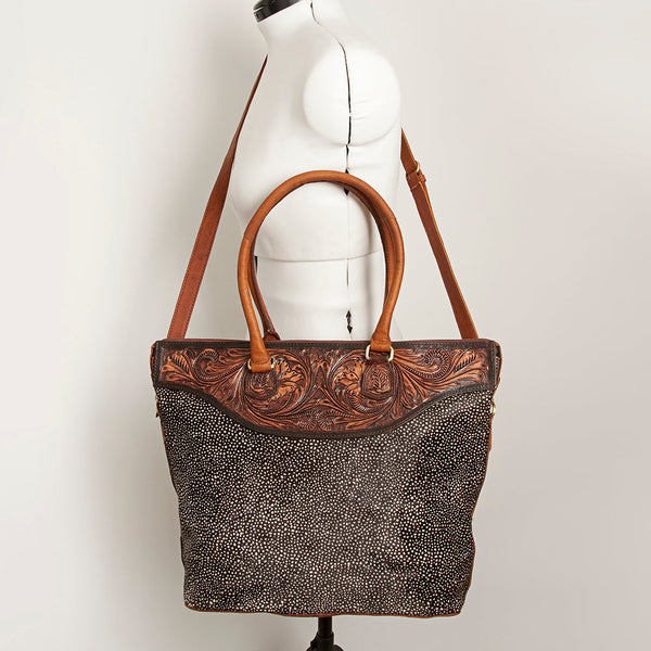 ADBGI105 Western Tote Bag - Genuine Leather & Hair-On Hide with Tooled Detailing