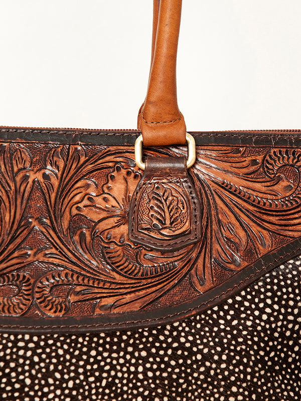 ADBGI105 Western Tote Bag - Genuine Leather & Hair-On Hide with Tooled Detailing