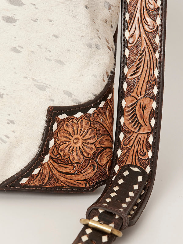 ADBGI141 Hand-Tooled Cowhide Leather Western Tote - Floral Tooled Hair-On Bag