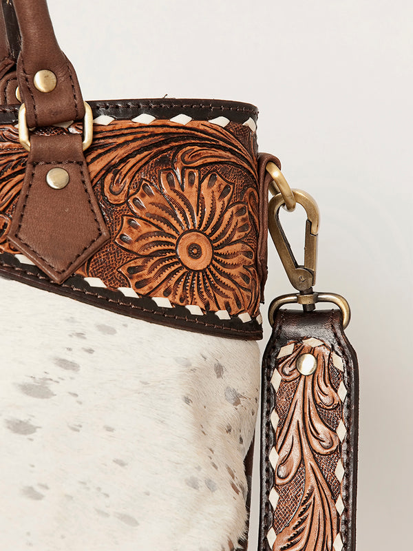 ADBGI141 Hand-Tooled Cowhide Leather Western Tote - Floral Tooled Hair-On Bag