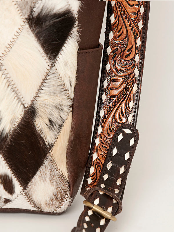 ADBGI143 Hair-On Hide Square Tote with Tooled Leather Patch - Western Cowgirl Bag
