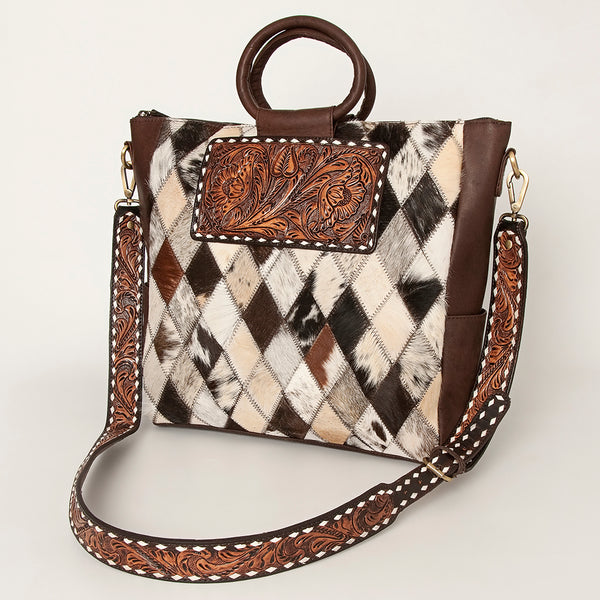 ADBGI143 Hair-On Hide Square Tote with Tooled Leather Patch - Western Cowgirl Bag