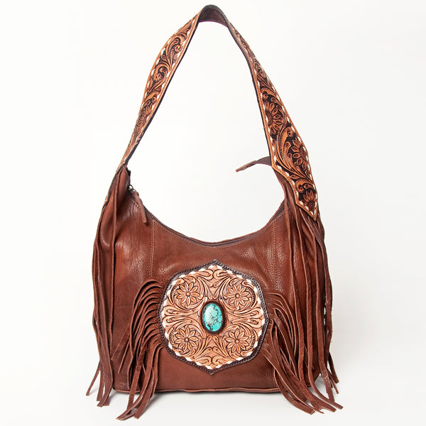 ADBGA219 American Darling Hand Tooled Genuine Leather Hobo Bag Turquoise Concho Fringe