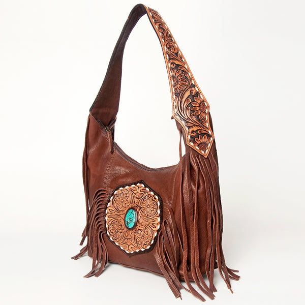 ADBGA219 American Darling Hand Tooled Genuine Leather Hobo Bag Turquoise Concho Fringe