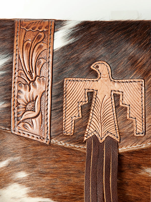 ADBGS178 Hand-Tooled Thunderbird Cowhide Envelope Bag with Fringe - Western Leather Purse