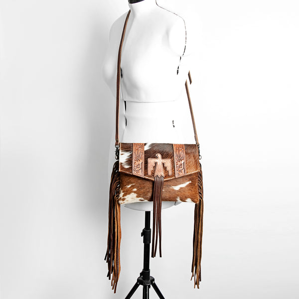 ADBGS178 Hand-Tooled Thunderbird Cowhide Envelope Bag with Fringe - Western Leather Purse