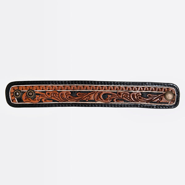 LC-ADBRF171 Tooled Leather Cuff Bracelet - Black & Tan Western Swirl with Snap Closure