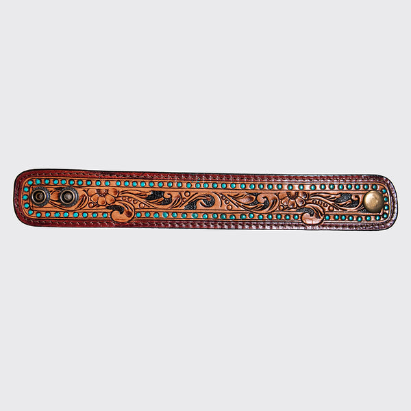 ADBRF172 Tooled Leather Cuff Bracelet - Turquoise Studs & Western Vine Pattern
