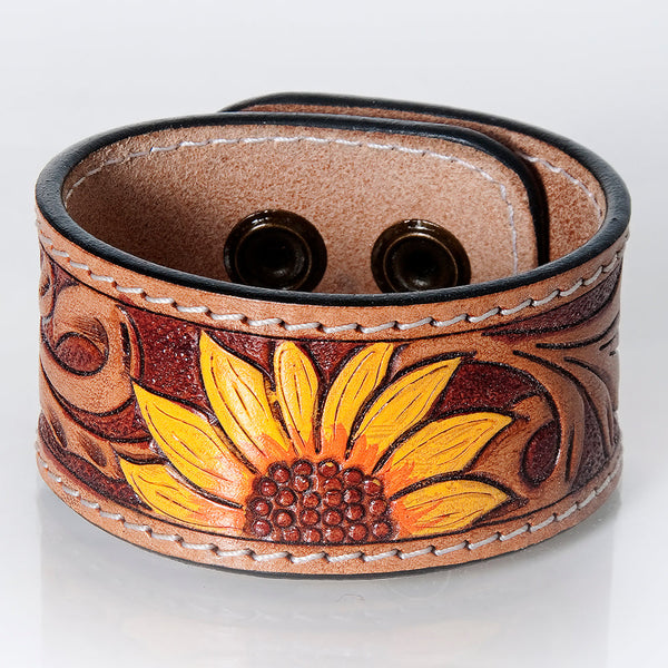 ADBRF176 Tooled Leather Cuff Bracelet - Yellow Sunflower Design