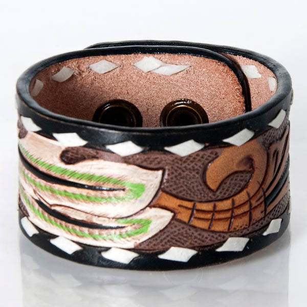 LC-ADBRF179 Tooled Leather Cuff Bracelet - Feather Motif with Black & White Whipstitch Trim
