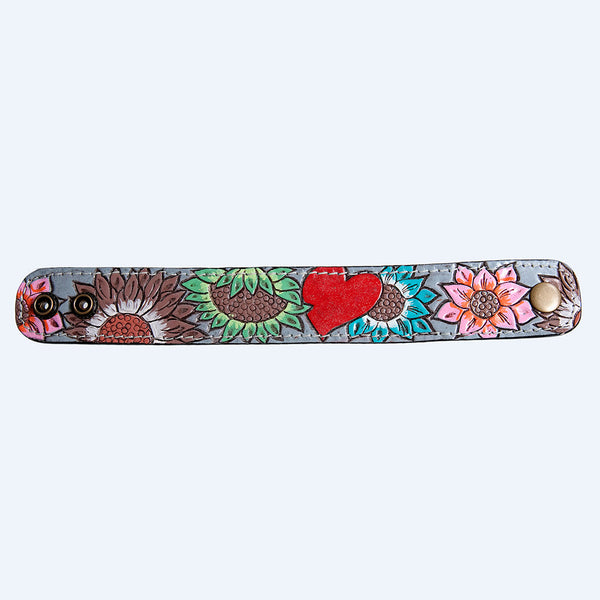 LC-ADBRF189 Hand Tooled Leather Cuff - Red Heart & Sunflower Floral Design
