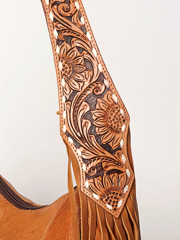 ADBGA220 American Darling Hand Tooled Genuine Leather Hobo Bag Floral Carved Handle