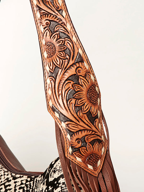 ADBGA223 American Darling Hand Tooled Leather Hair-On Cowhide Fringe Hobo Bag