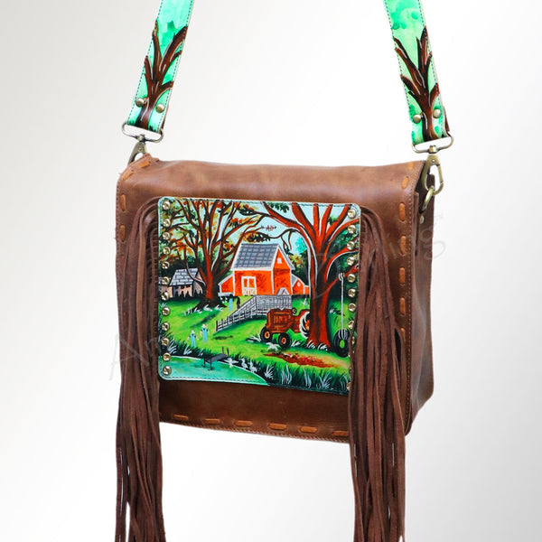 ADBGM109 Fringed Leather Western Crossbody Bag - Painted Artwork