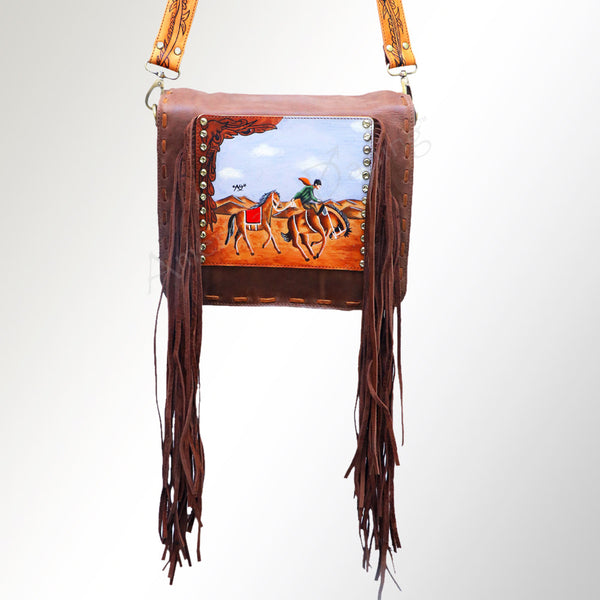 ADBGM109 Fringed Leather Western Crossbody Bag - Painted Artwork