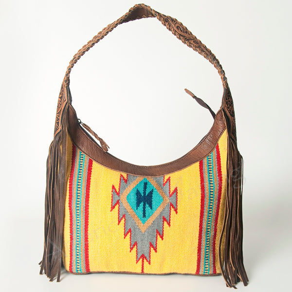 ADBG803 American Darling Hand Tooled Leather Hobo Bag with Hand Woven Saddle Blanket and Fringes