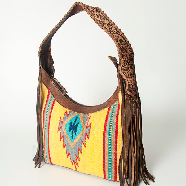 ADBG803 American Darling Hand Tooled Leather Hobo Bag with Hand Woven Saddle Blanket and Fringes