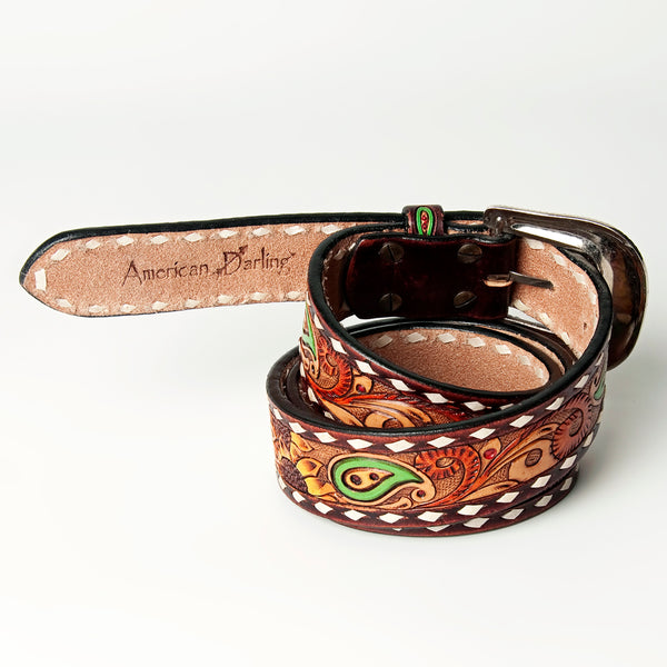 LC-ADBLF113 Hand-Tooled Leather Western Belt - Sunflower & Paisley Design with White Diamond Edge