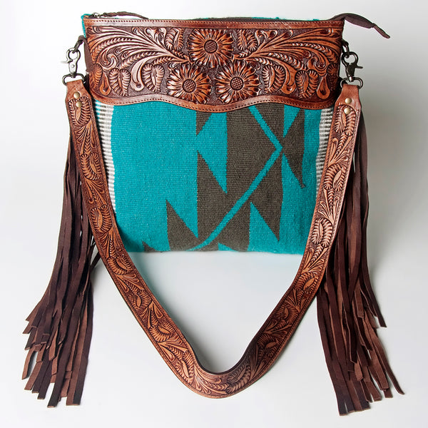 LC-ADBGZ558 Turquoise Southwestern Woven Crossbody Bag - Floral Tooled Leather & Fringe