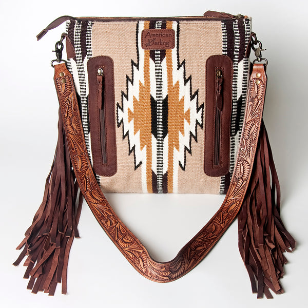 LC-ADBGZ562 Beige Southwestern Woven Crossbody Bag - Tooled Leather Floral Trim with Fringe