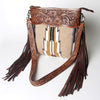LC-ADBGZ577 Beige Southwestern Woven Crossbody Bag - Floral Tooled Leather Trim & Fringe Strap