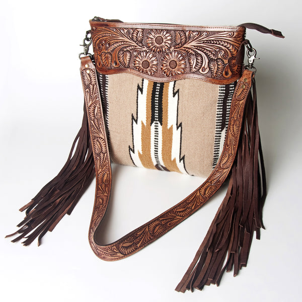 LC-ADBGZ577 Beige Southwestern Woven Crossbody Bag - Floral Tooled Leather Trim & Fringe Strap
