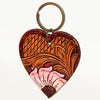 ADKR181 Hand-Tooled Leather Heart keyring Western Floral Design with Pink Accents