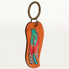 LC-ADKR196 Hand-Tooled Leather Feather Keyring Freeform Shape with Turquoise & Red Accents