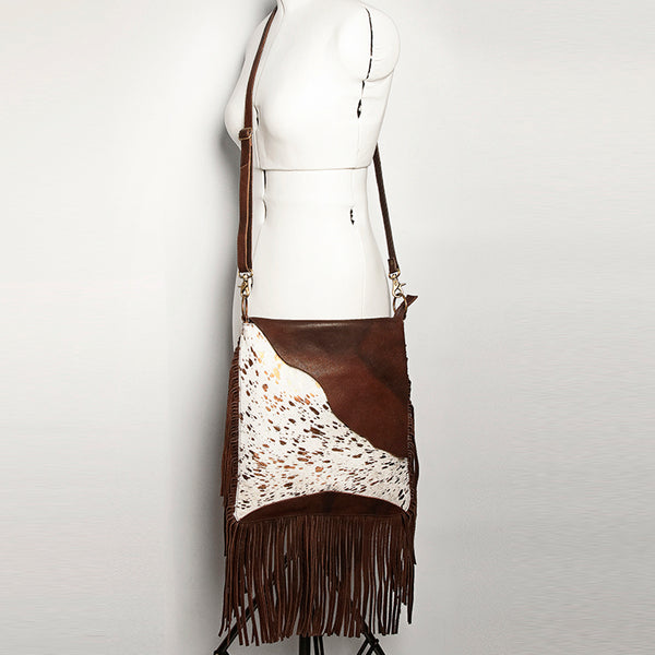ADBGA240 American Darling Hair-On Cowhide Messenger Bag Genuine Leather Fringes