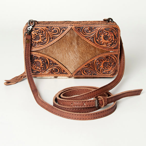 ADBG805 American Darling Hand Tooled Leather Crossbody with Floral Carving and Hair-On Cowhide