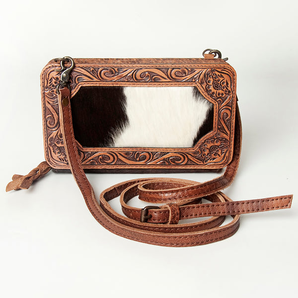 ADBG806 American Darling Hand Tooled Leather Crossbody - Floral Carved & Hair-On Cowhide Western Clutch