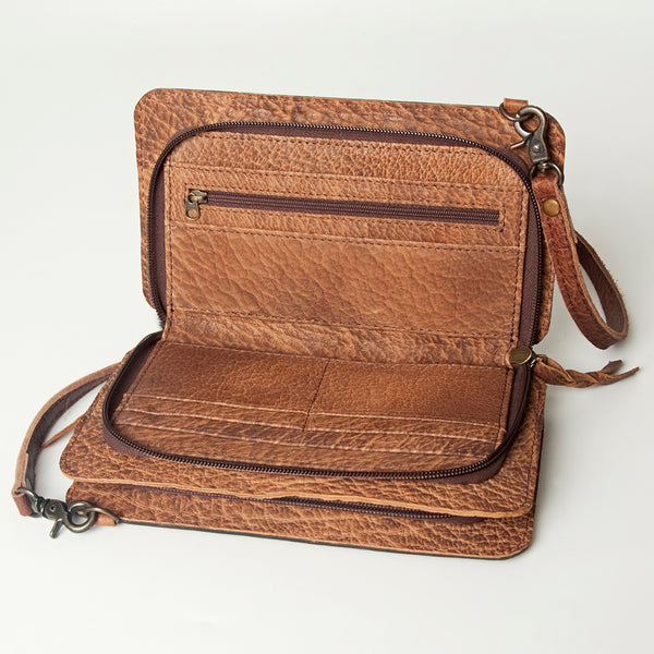ADBG806 American Darling Hand Tooled Leather Crossbody - Floral Carved & Hair-On Cowhide Western Clutch