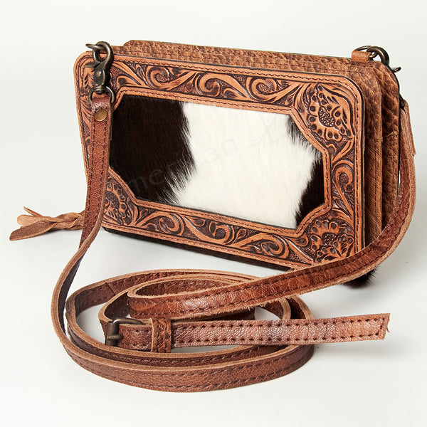 ADBG806 American Darling Hand Tooled Leather Crossbody - Floral Carved & Hair-On Cowhide Western Clutch