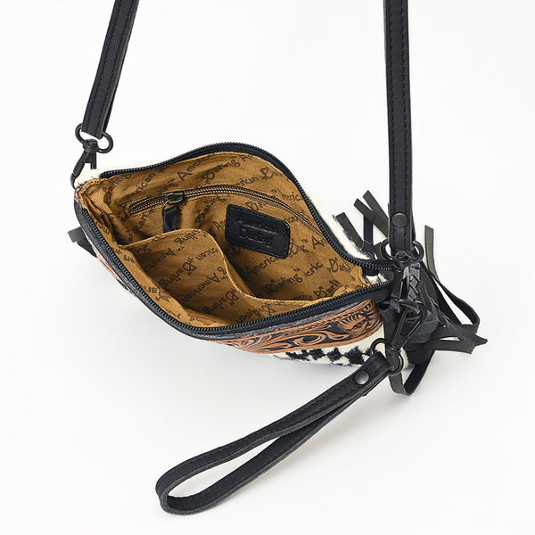 LC-ADBGZ183H Black & White Tribal Wool Crossbody Bag with Tooled Leather and Fringe - Western Purse