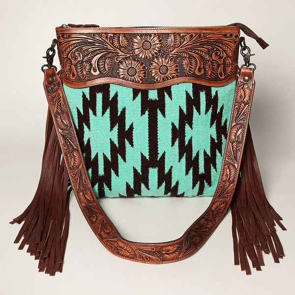 LC-ADBGZ230 Aztec Wool Crossbody with Tooled Leather & Fringe - Western Shoulder Bag