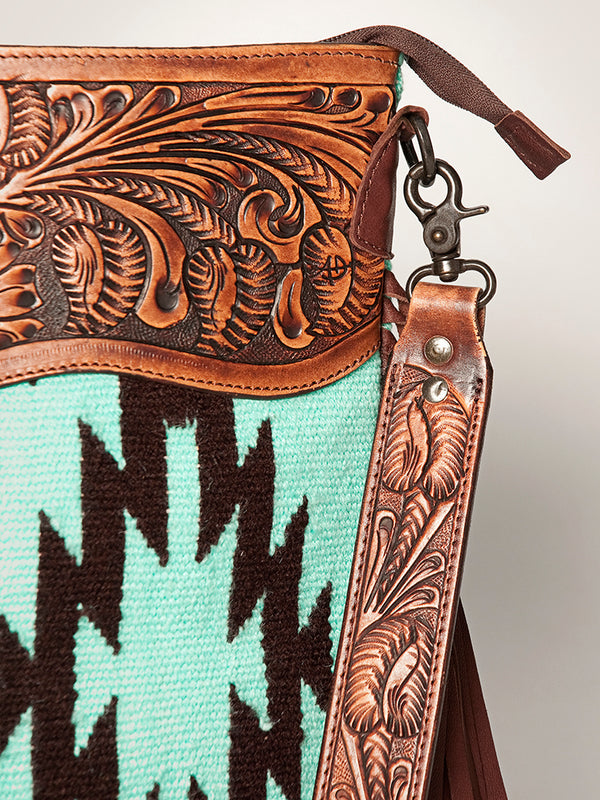 LC-ADBGZ230 Aztec Wool Crossbody with Tooled Leather & Fringe - Western Shoulder Bag