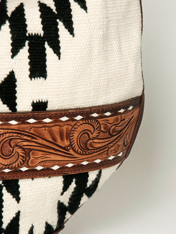 LC-ADBGZ310 Hand Tooled Leather Hobo Bag - Black & White Wool Aztec Shoulder Purse