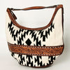 LC-ADBGZ310 Hand Tooled Leather Hobo Bag - Black & White Wool Aztec Shoulder Purse