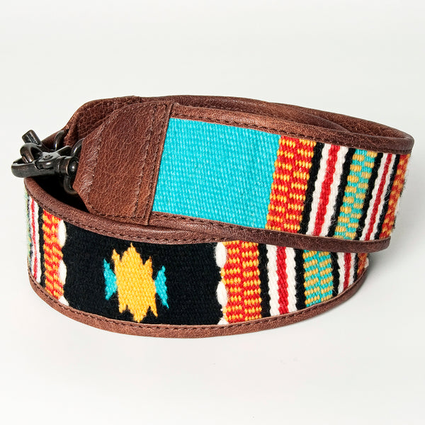 LC-ADBT141 Southwestern Woven Bag Strap with Tribal Pattern & Brown Leather Trim - Handmade Replacement
