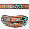 LC-ADBLF128 Hand-Tooled Leather Belt Buckle - Skull & Feather Turquoise Design