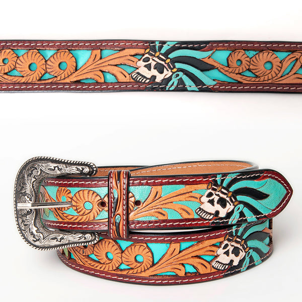LC-ADBLF128 Hand-Tooled Leather Belt Buckle - Skull & Feather Turquoise Design