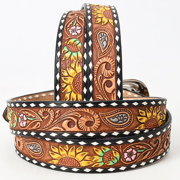 LC-ADBLF130 Hand Tooled Leather Western Belt - Sunflower, Paisley & Floral Pattern with Silver Buckle