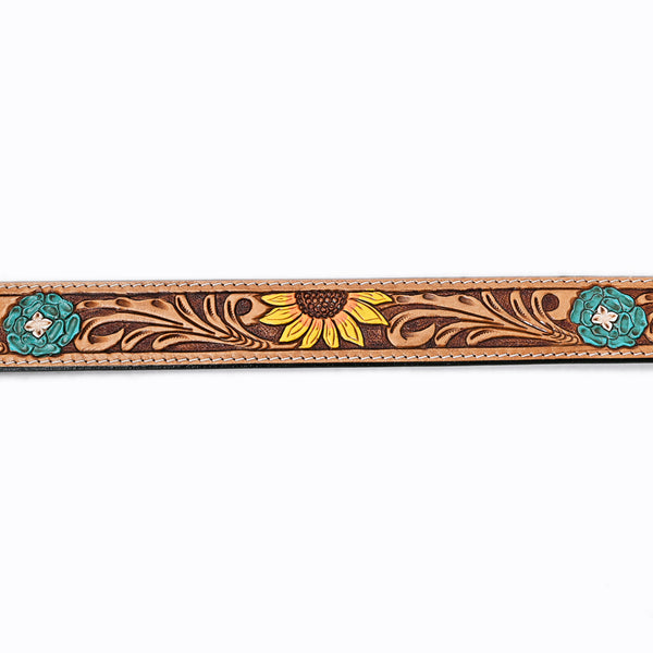 LC-ADBLF131 Hand Tooled Leather Belt - Sunflower & Turquoise Floral Western Belt with Silver Buckle